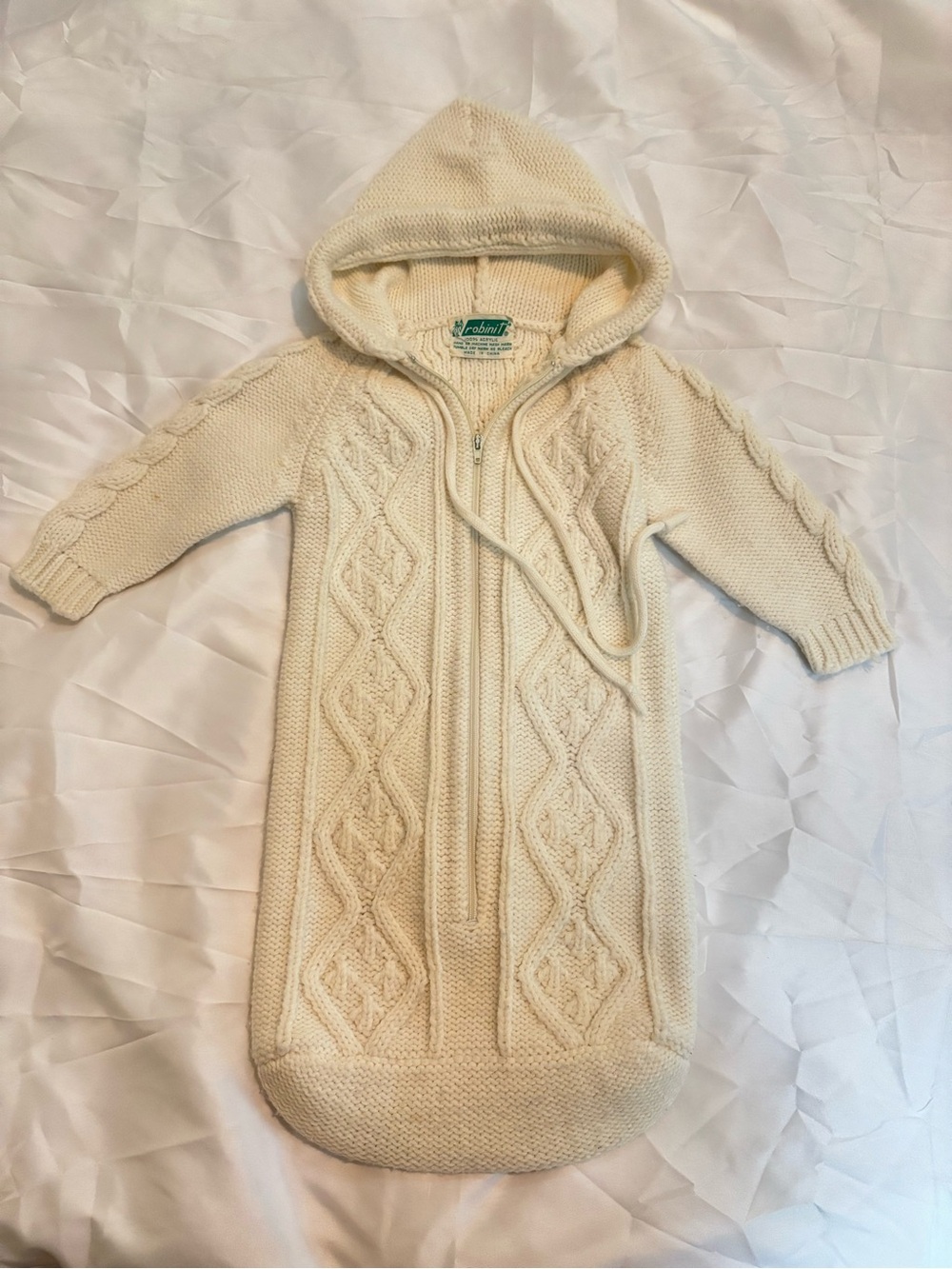 Vintage Cream Cable Knit Hooded Baby Bunting zip up one piece coat